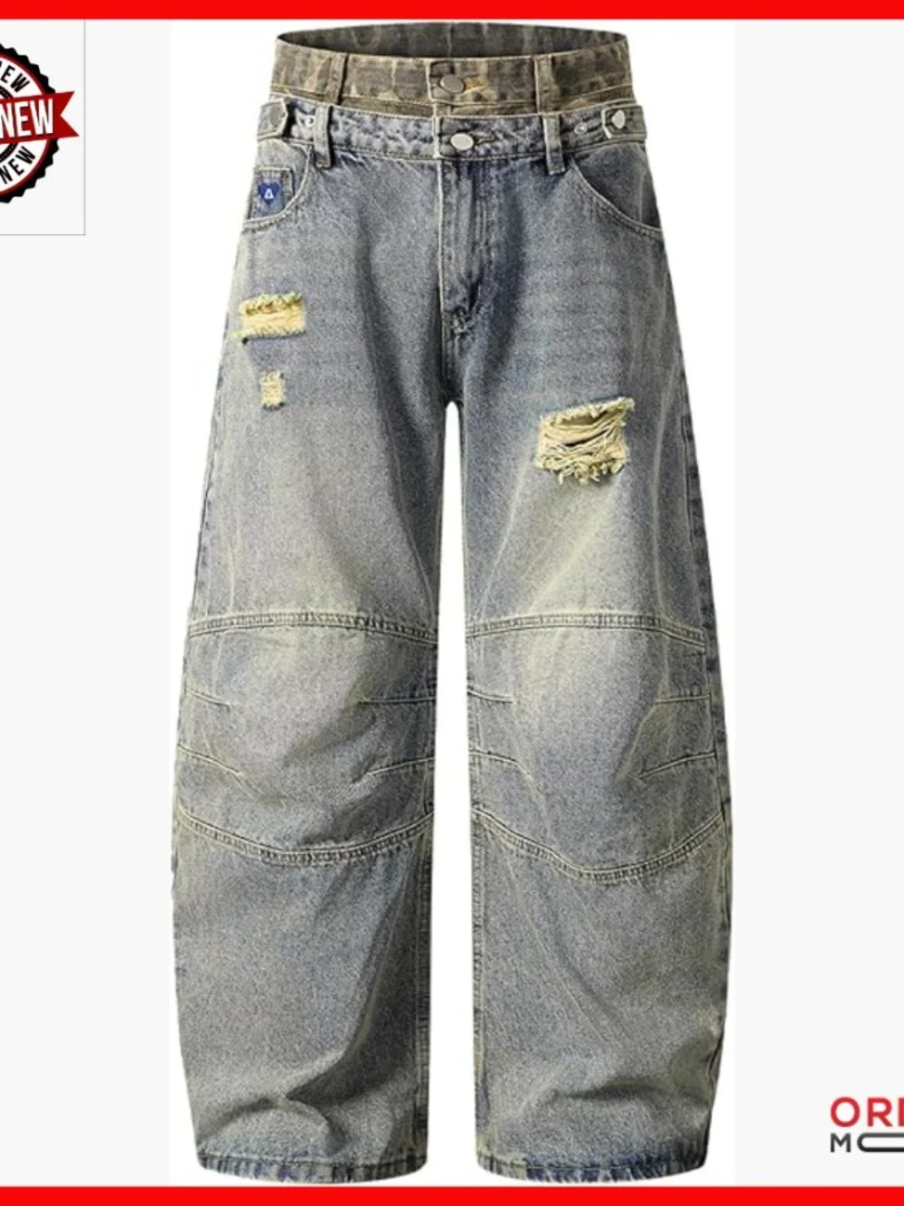 Wide Leg Denim Pants Double Waist Retro Washed Baggy Streetwear Jeans